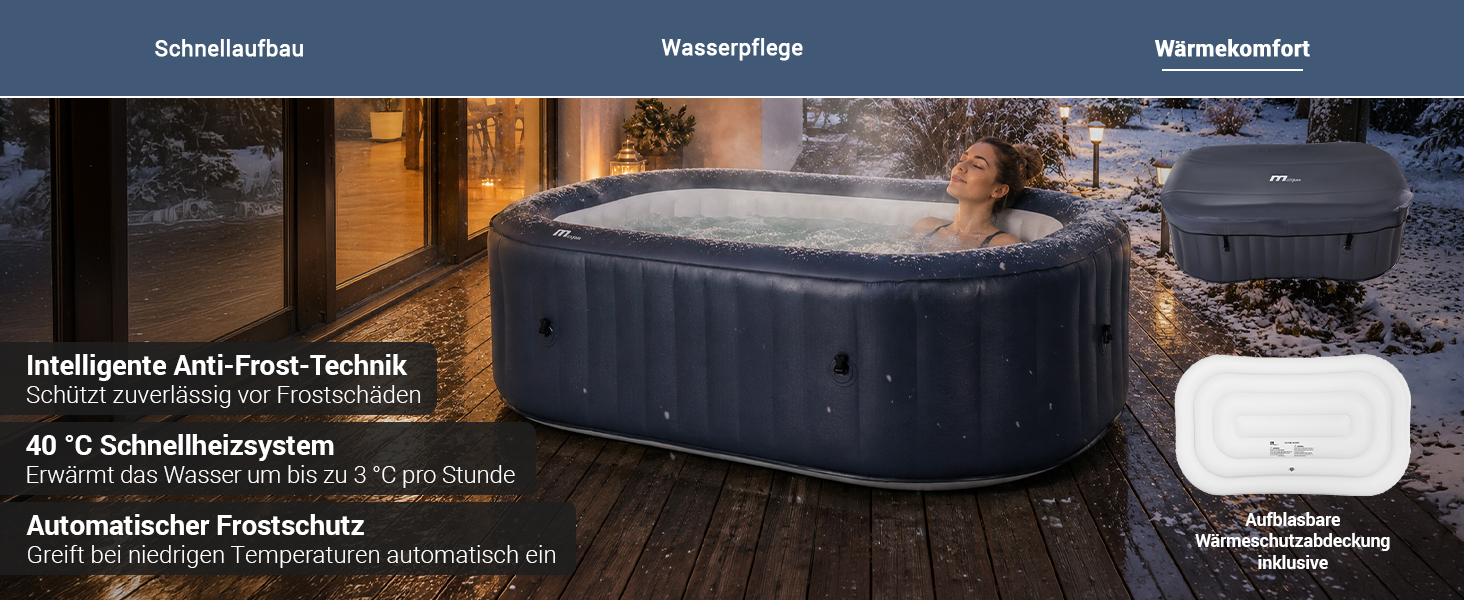 Aufblasbarer Whirlpool im winterlichen Au&szlig;enbereich mit einer Person im warmen Wasser. Hervorgehoben werden die intelligente Anti-Frost-Technik, das 40-&deg;C-Schnellheizsystem, der automatische Frostschutz und die mitgelieferte aufblasbare W&auml;rmeschutzabdeckung.